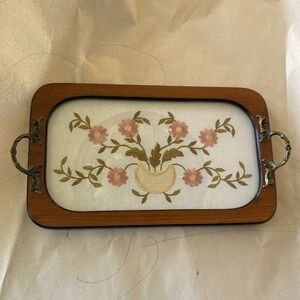 Vintage embroidered cloth wooden framed tray